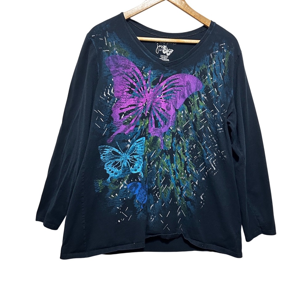 Just My Size Women Fairycore Whimsical Butterfly Top 2X Black Boho Naturecore